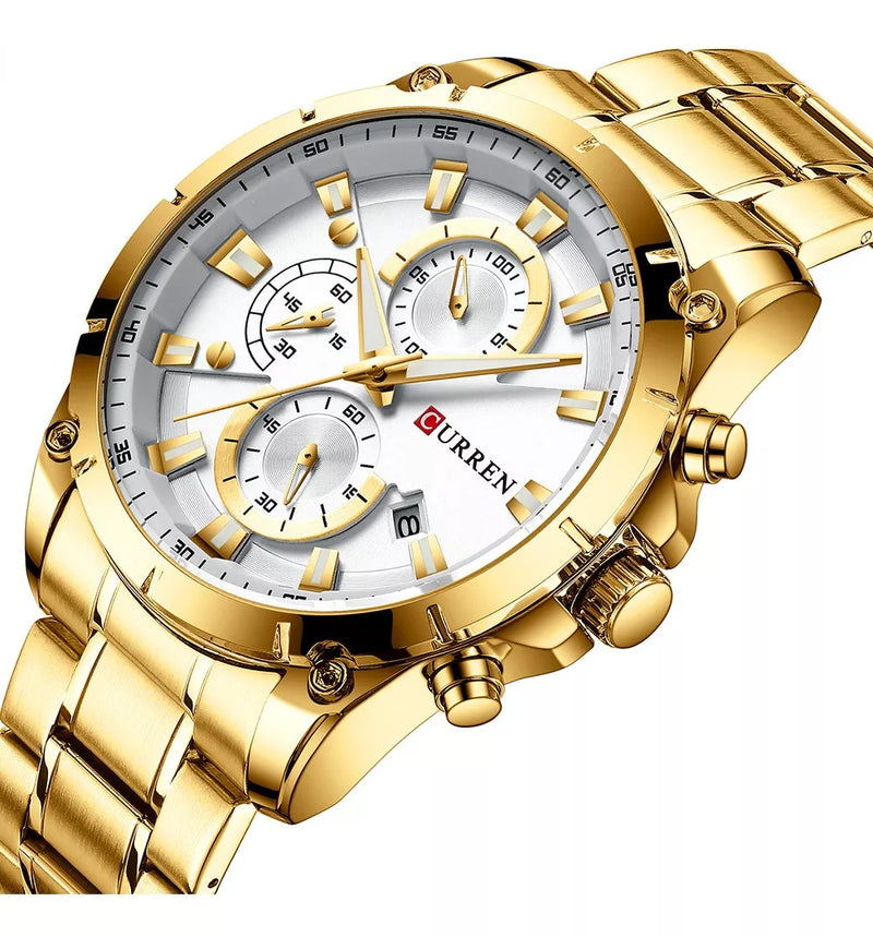 Relógio Curren Masculino Dourado Cronógrafo Criativo Luxo Casual Esporte Quartz Aço Inoxidável 8360