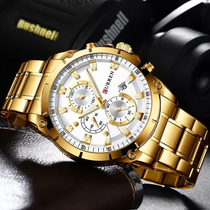 Relógio Curren Masculino Dourado Cronógrafo Criativo Luxo Casual Esporte Quartz Aço Inoxidável 8360